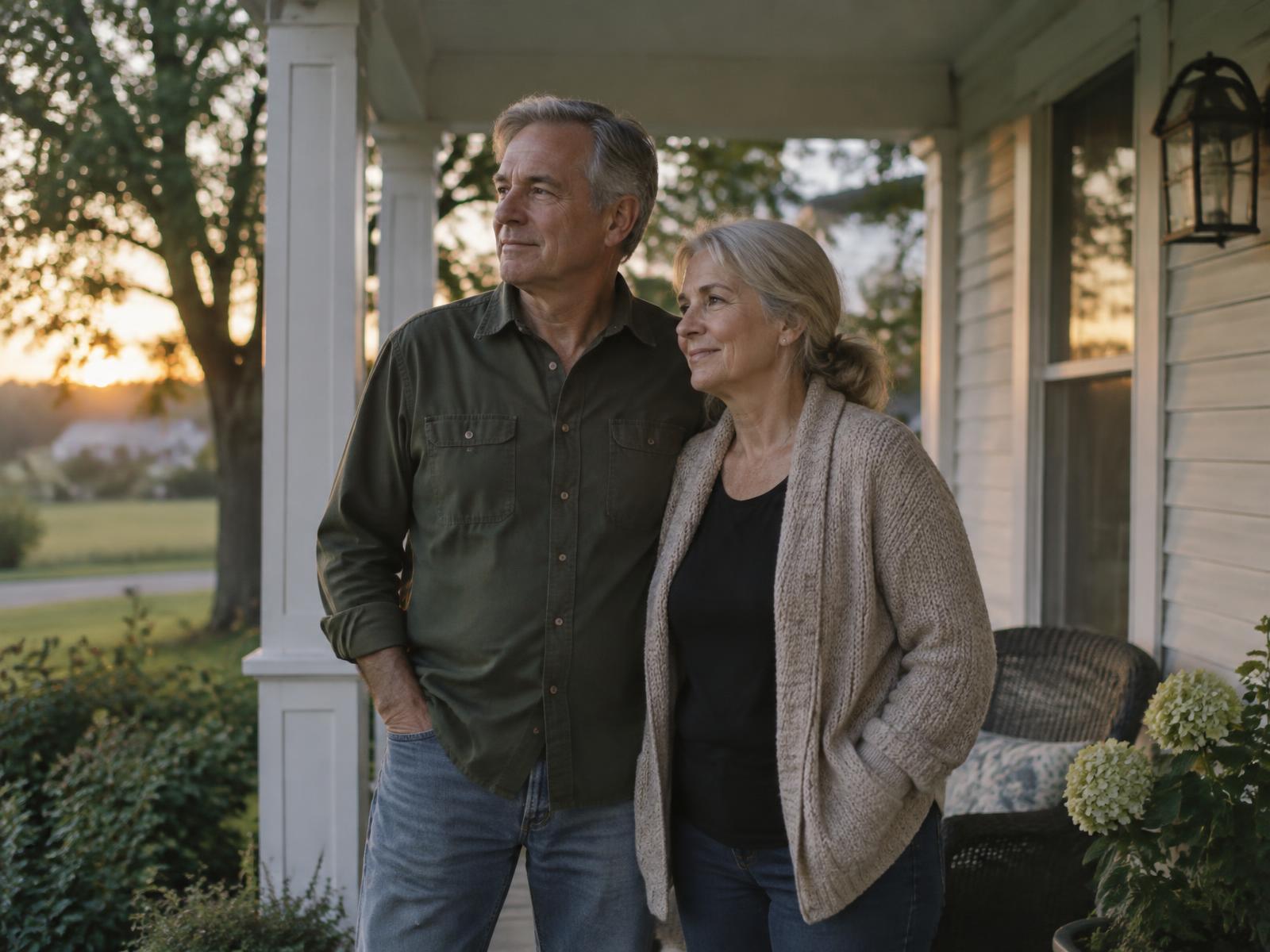 A couple in their sixties on the porch of their Nebraska home at sunset